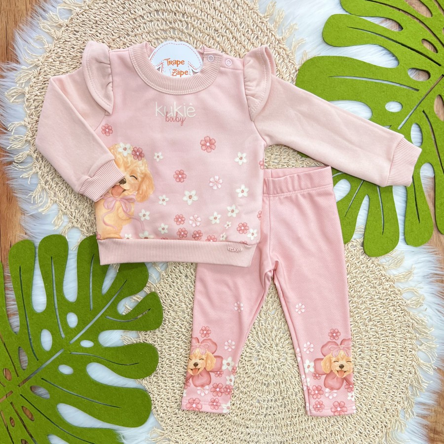 Conj. Casaco de Moletom Doguinha com Flores e Calça Legging - Rose